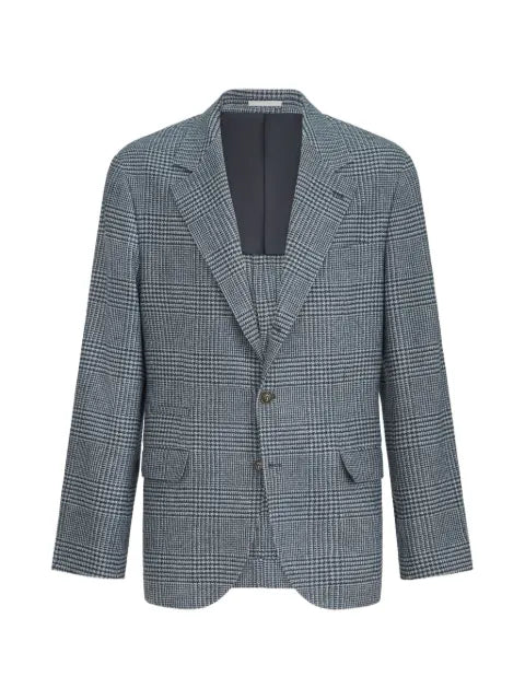 Brunello Cucinelli comfort wool and cashmere Prince of Wales flannel deconstructed blazer with metal buttons