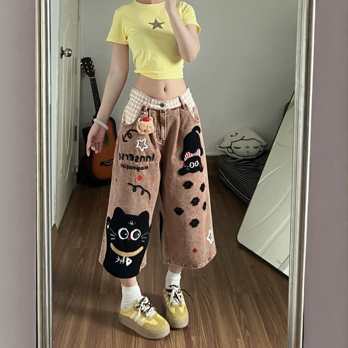 Fun Cartoon Patchwork Denim Capri Pants Loose Wide Leg Mid Jeans