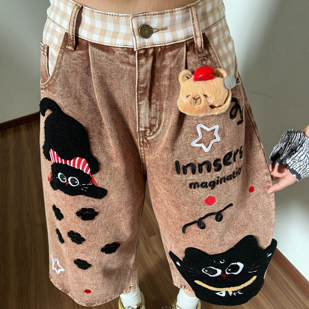 Fun Cartoon Patchwork Denim Capri Pants Loose Wide Leg Mid Jeans