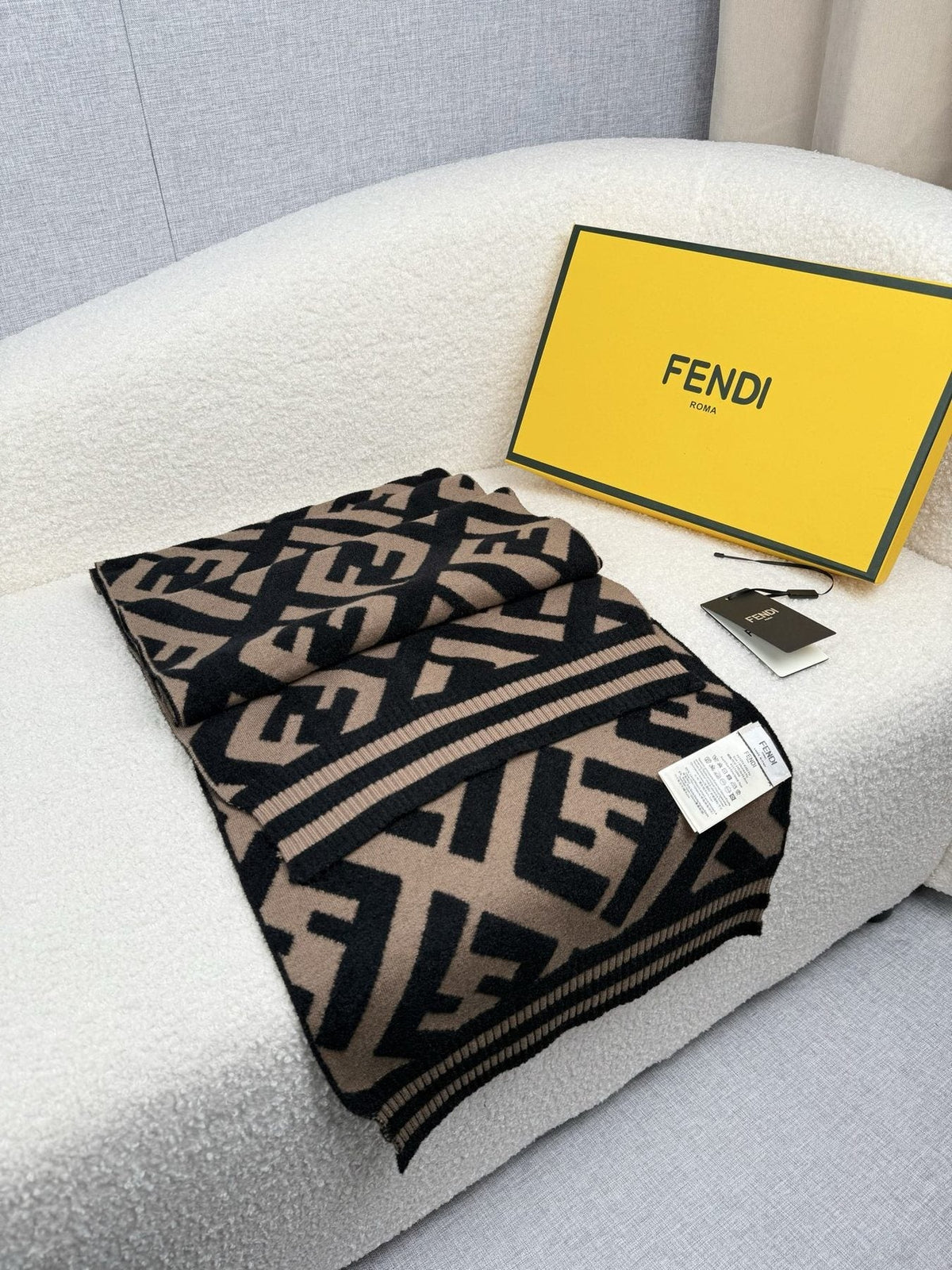 Fendi Black and Tan Monogram Knit Scarf