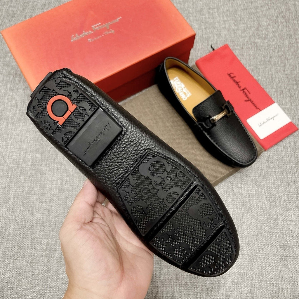 Salvatore Ferragamo Black Textured Driving Loafers