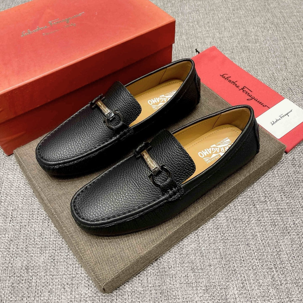 Salvatore Ferragamo Black Textured Driving Loafers