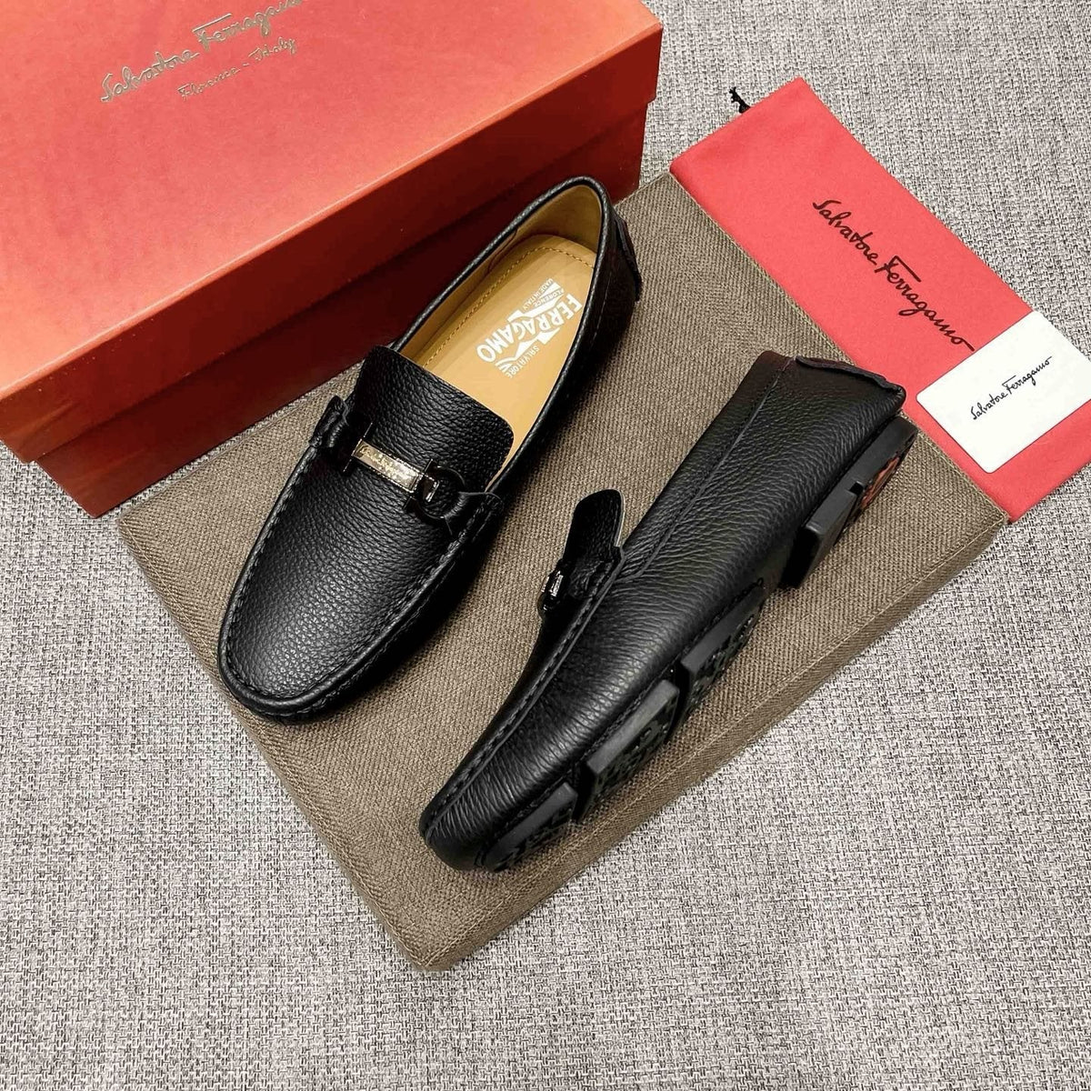 Salvatore Ferragamo Black Textured Driving Loafers